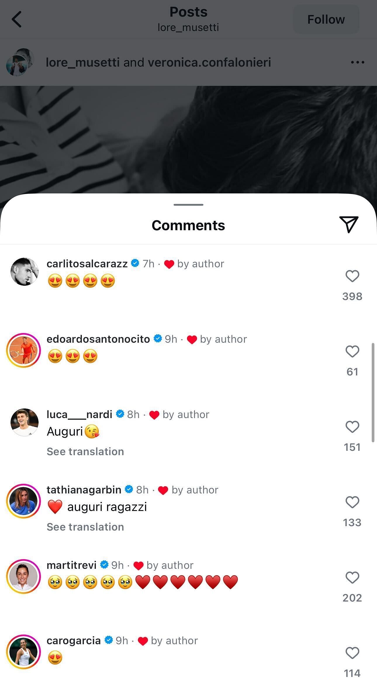 Carlos Alcaraz and others' reactions to Musetti's girlfriend Veronica's second pregnancy (Source: Instagram/lore_musetti)